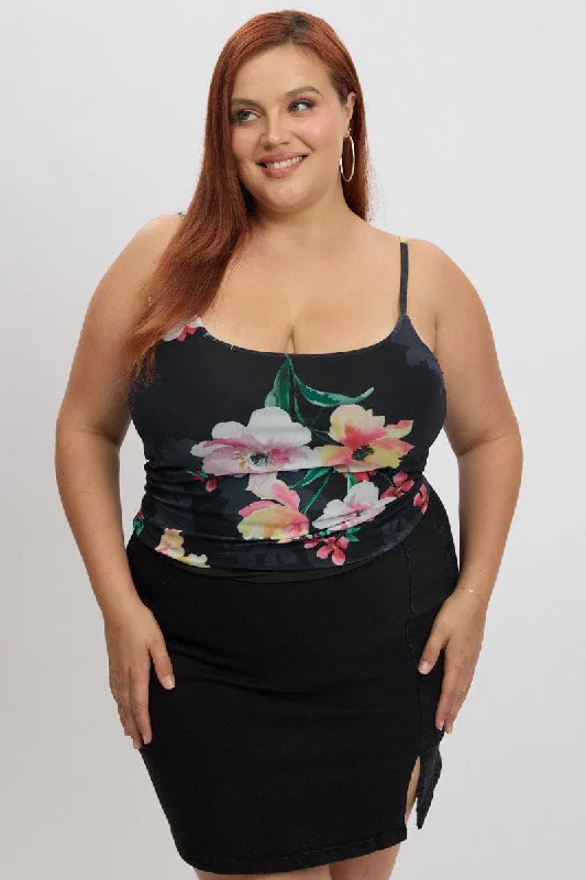 Black Floral Cami Top Sleeveless Mesh