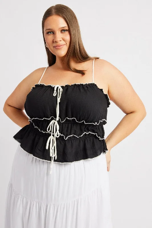 Black Tiered Cami Top Sleeveless Front Ribbon