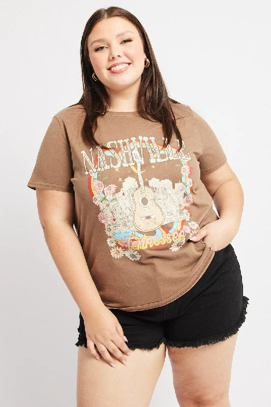 Brown Graphic T Shirt Short Sleeve Crew Neck