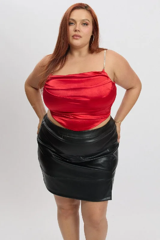 Red Satin Cami Top Cowl Neck Diamante Strap