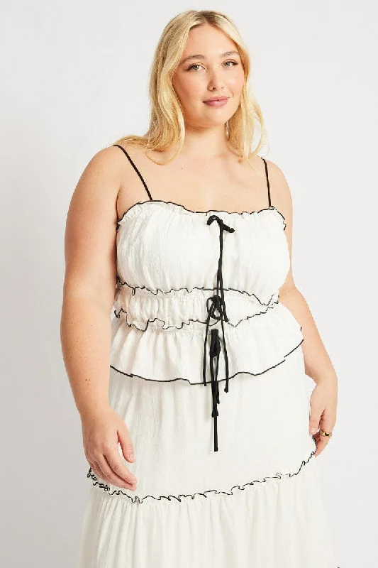 White Tiered Cami Top Sleeveless Front Ribbon