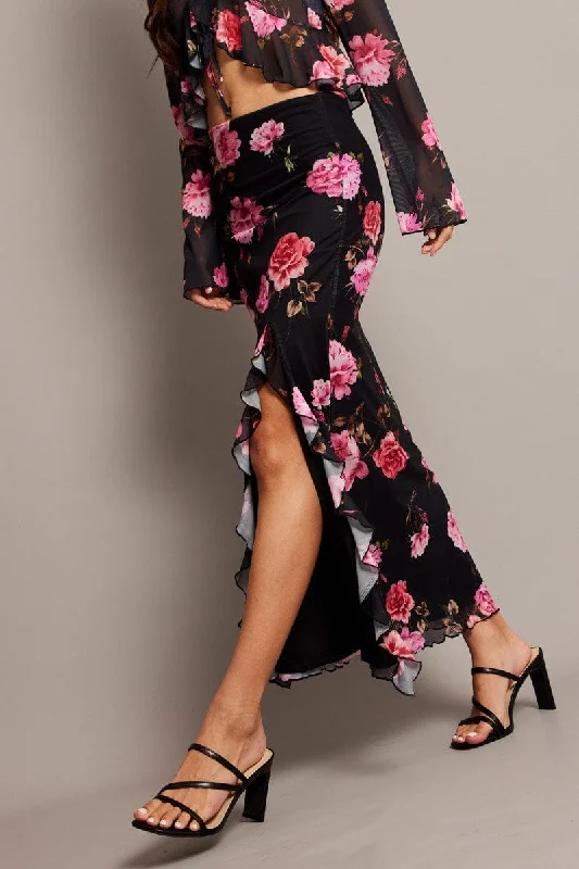 Black Floral Maxi Skirt High Rise Ruffled Slit Frill Hem Mesh