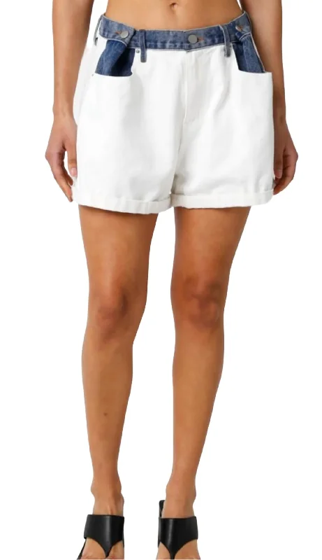 Contrast Waistband Denim Shorts In White/blue