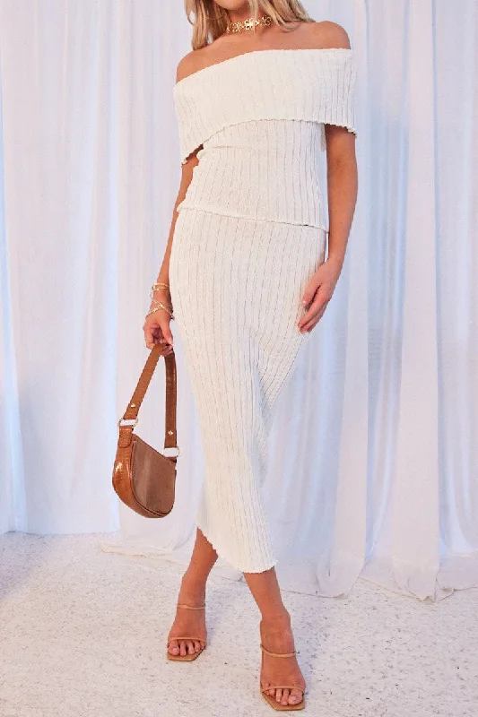 White Knit Skirt Midi High Rise Relaxed Fit