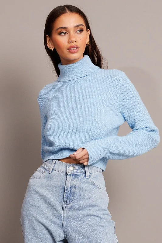 Blue Knit Top Long Sleeve High Neck Crop