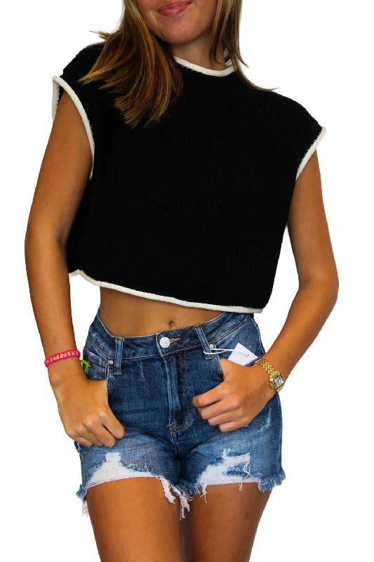 Boxy Contrast Sweater Top In Black