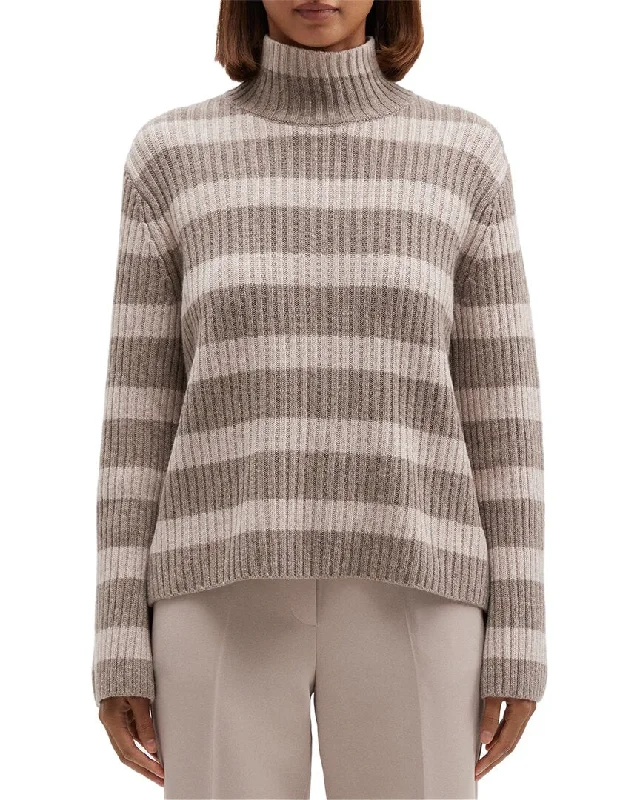 Theory Striped Ribbed Wool & Cashmere-Blend Turtleneck Pullover