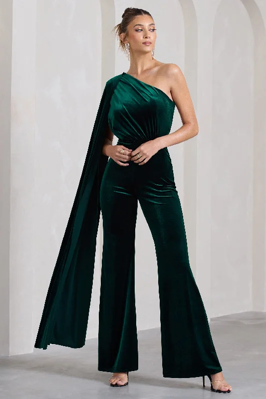 Aurora | Bottle Green Velvet One Shoulder Cape Sleeve Jumpsuit