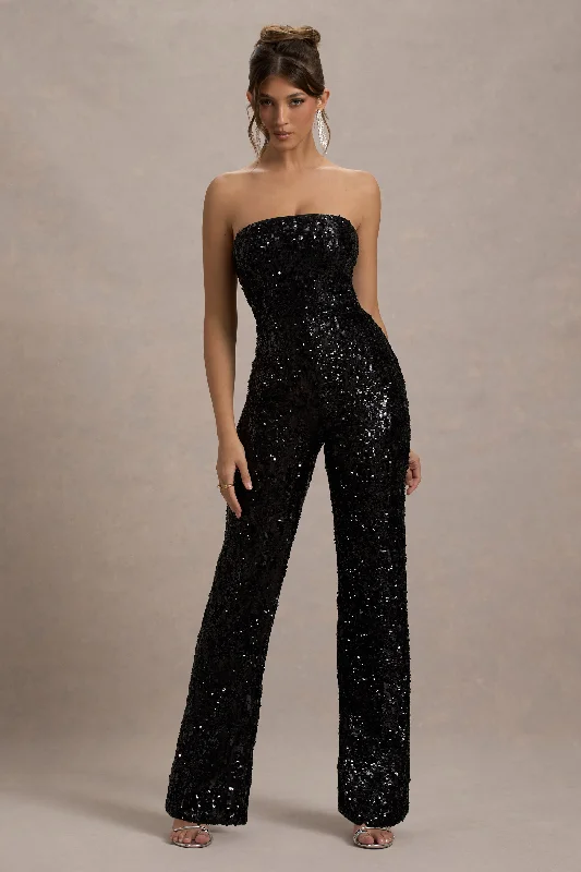 Elation | Black Sequin Strapless Flared-Leg Jumpsuit