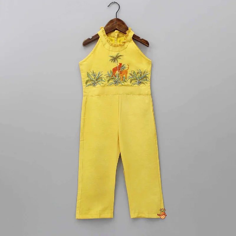 Embroidered Yoke Yellow Jumpsuit