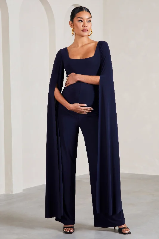 Faith | Navy Square-Neck Straight-Leg Maternity Jumpsuit With Cape Sleeves