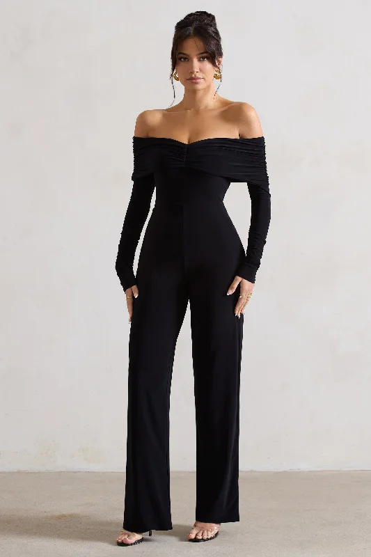 Jules | Black Bardot Long-Sleeve Straight-Leg Jumpsuit