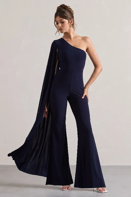 Julie | Navy Asymmetric Flared-Leg Jumpsuit With Cape Sleeve