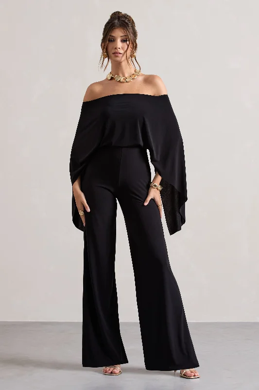 Kori | Black Bardot Wide-Leg Jumpsuit With Cape