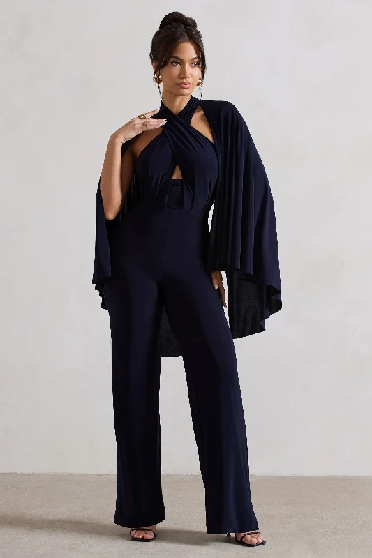 Lourdes | Navy Halter-Neck Straight-Leg Jumpsuit With Cape