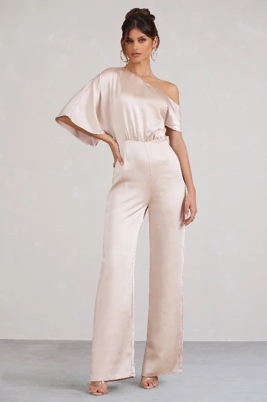 Marvellous | Champagne Satin Asymmetric Flared-Leg Jumpsuit