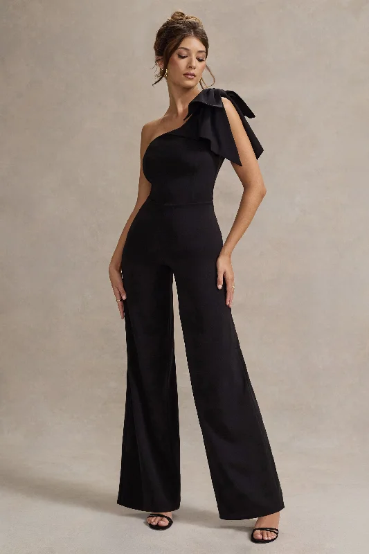 Orilla | Black One-Shoulder Wide-Leg Jumpsuit With Bow