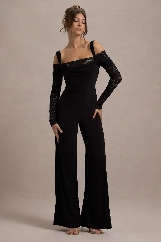 Palmira | Black Wide-Leg Jumpsuit With Lace Sleeves