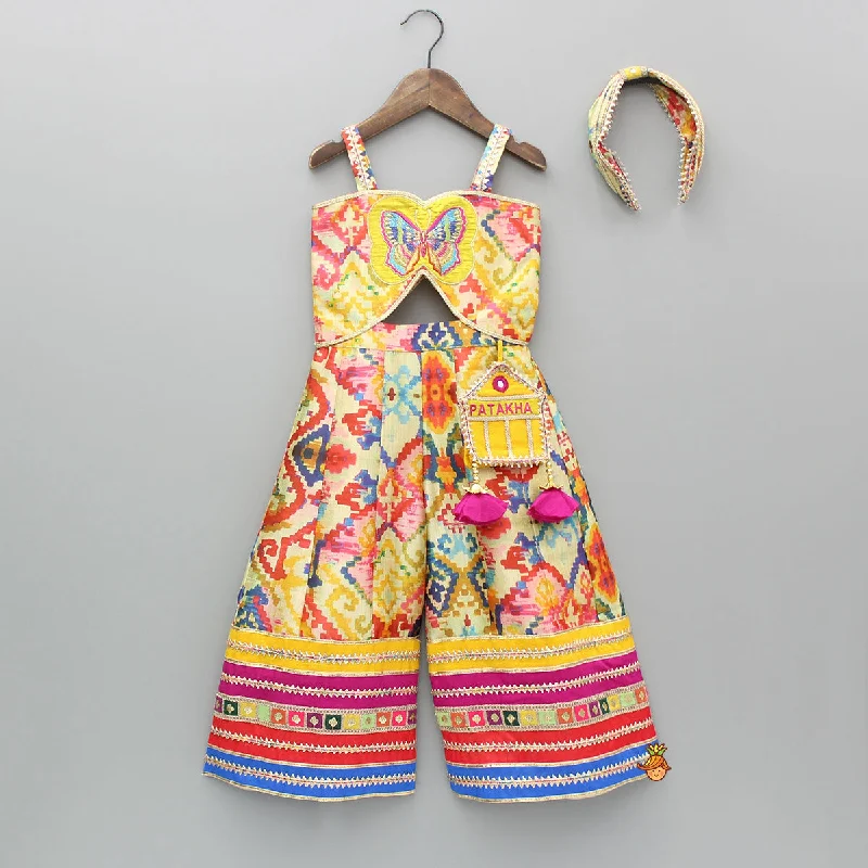 Printed Embroidered Multicoloured Strappy Jumpsuit With Hairband