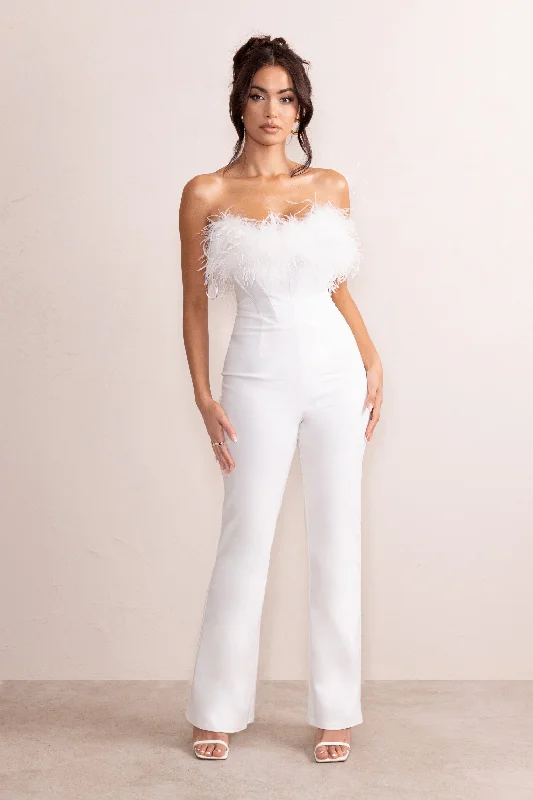 Tessa | White Shaped Neckline Corset Jumpsuit With Feather Trim Detail