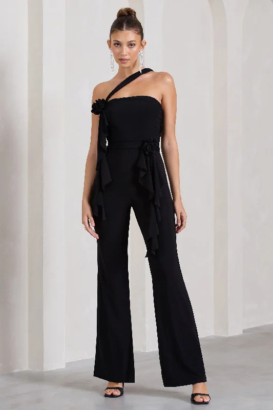 Tia | Black Asymmetric Sleeveless Flared-Leg Jumpsuit With Flowers