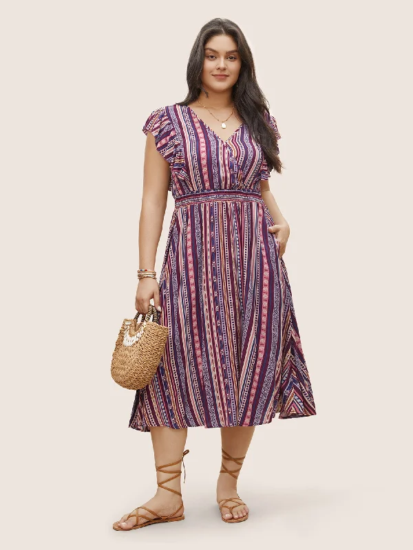 Bandana Print Wrap Ruffle Cap Sleeve Dress