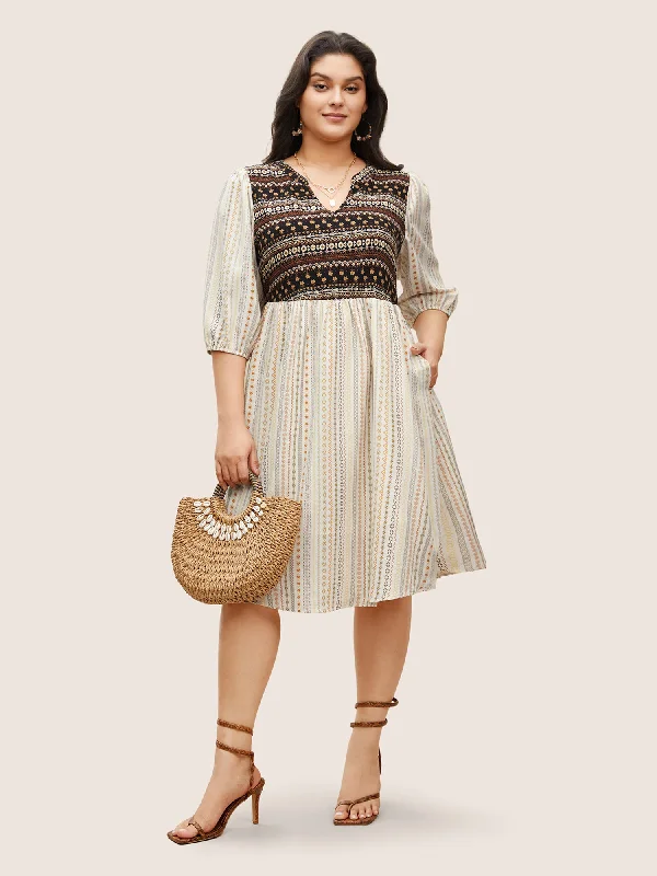 Bandana Striped Patchwork Notched Lantern Sleeve Dress