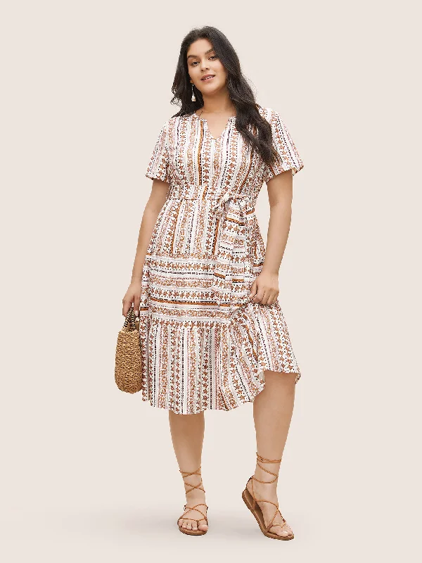 Bandana Striped Print Notched Belted Dress