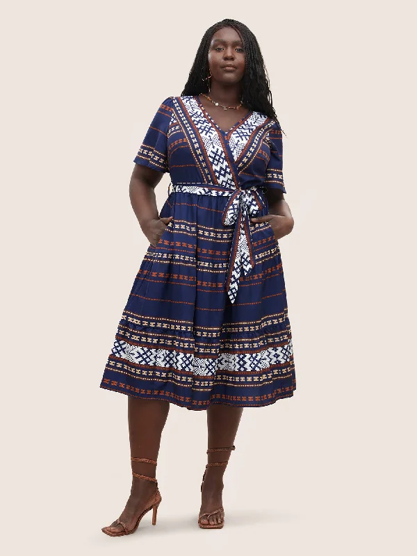 Boho Print Wrap Flutter Sleeve Belted Dress