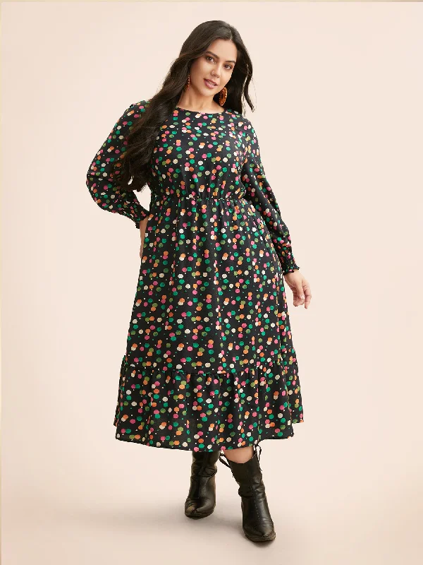 Colored Polka Dot Shirred Frill Trim Dress