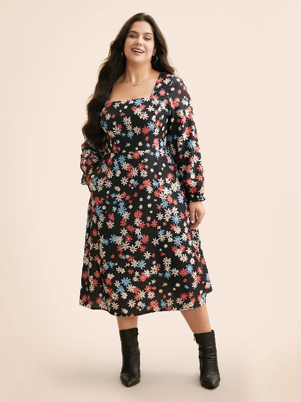 Floral Square Neck Lantern Sleeve Dress