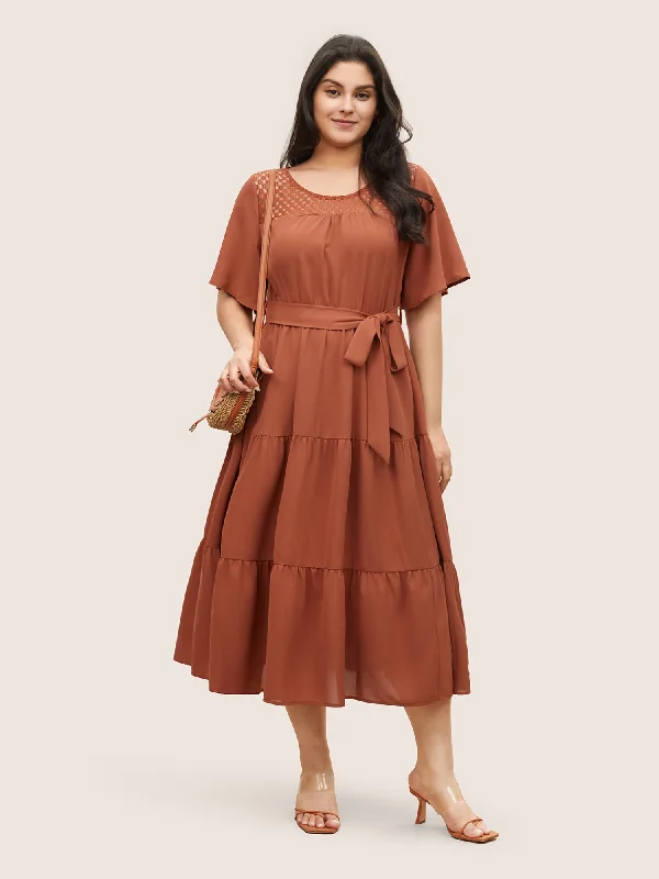 Hollow Out Belted Gathered Patchwork Hem Dress