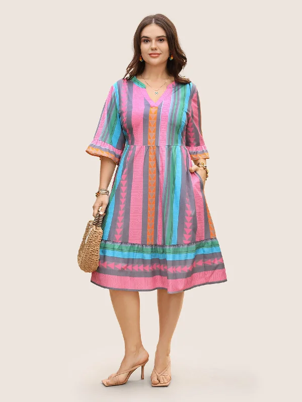 Notched Collar Geometric Striped Ruffle Sleeve Dress