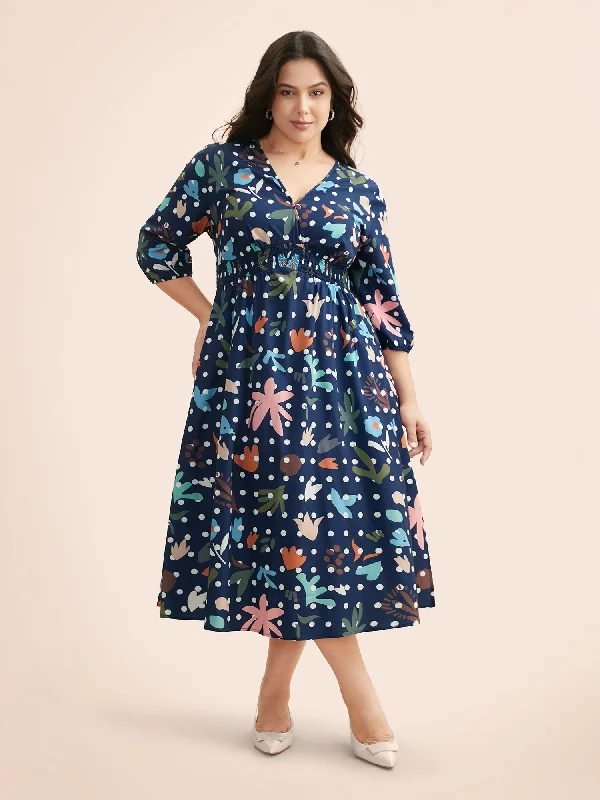 Overlap Collar Polka Dot Floral Shirred Dress