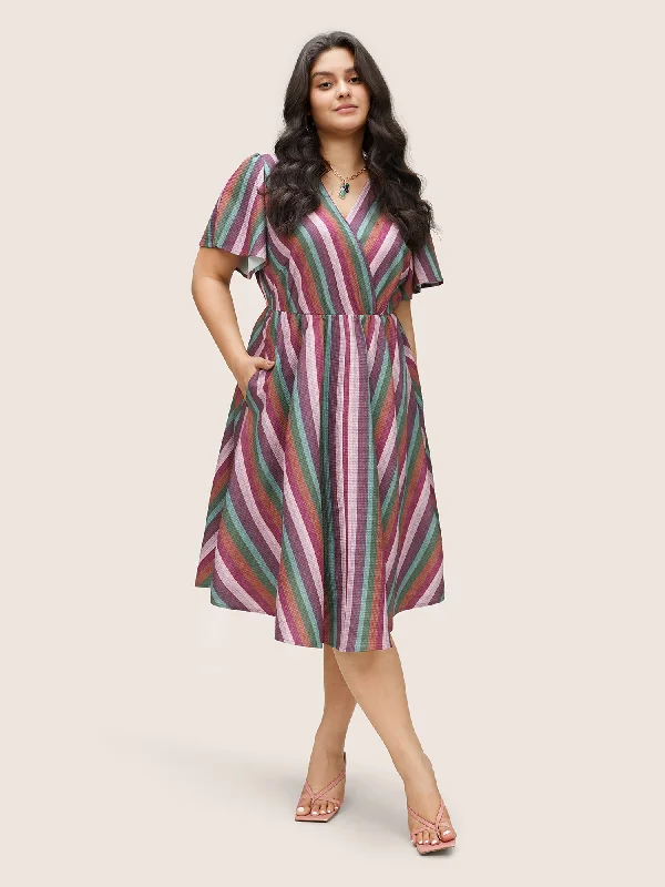 Overlap Collar Striped Ruffle Sleeve Dress