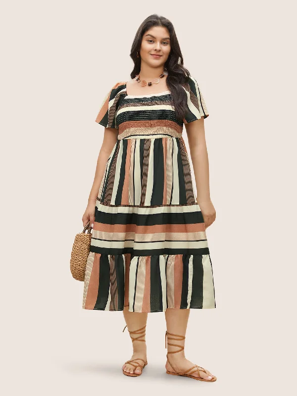 Patchwork Striped Shirred Pocket Dress