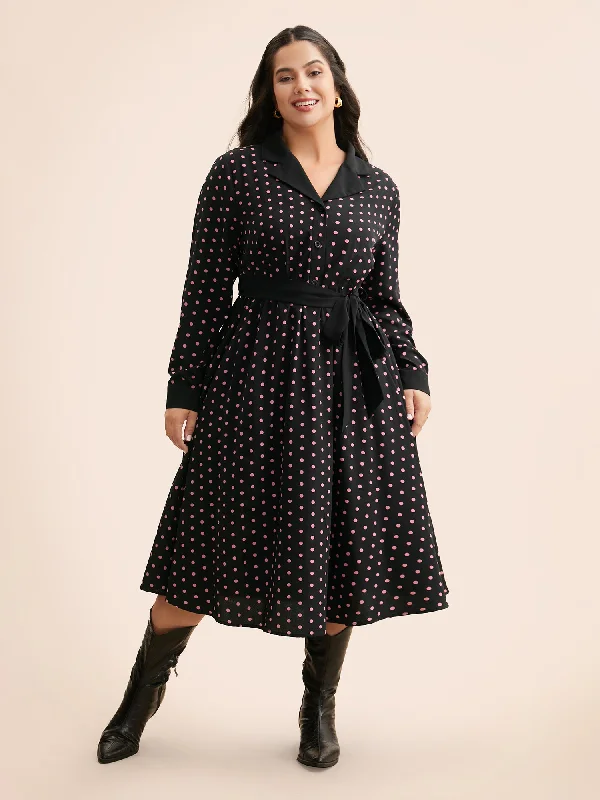 Polka Dot Suit Collar Belted Dress