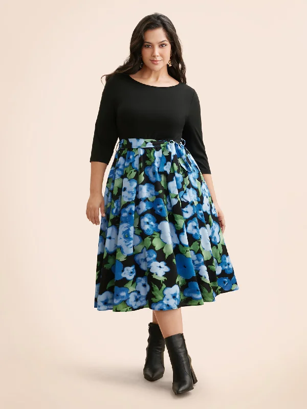 Round Neck Floral Patchwork Belted Dress