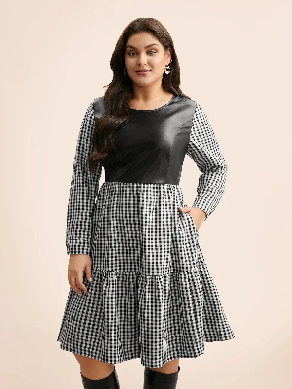 Round Neck Gingham PU Leather Dress