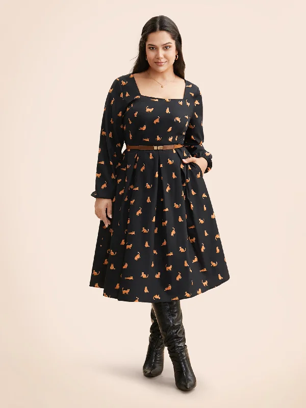 Square Neck Cat Print Pleated Dress