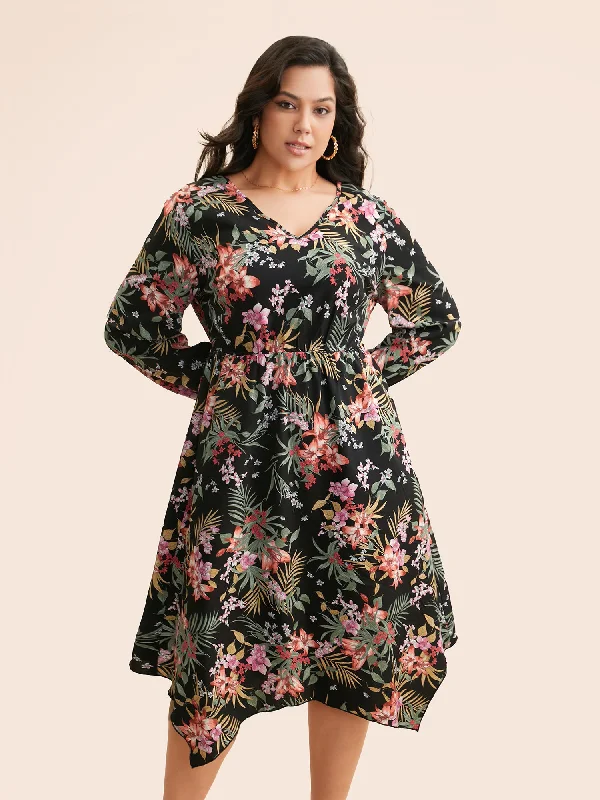 V Neck Floral Asymmetrical Hem Dress