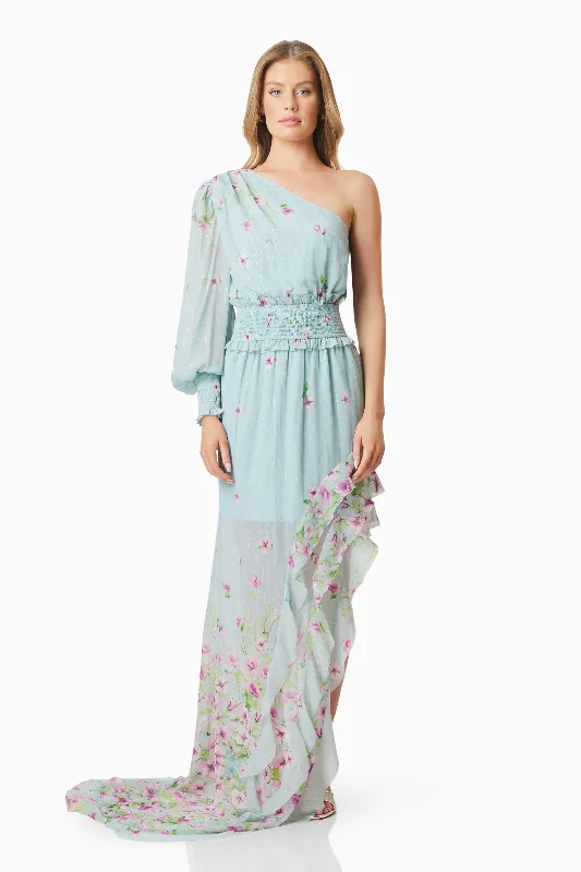 Quilla Hilo One Shoulder Maxi Gown In Blue