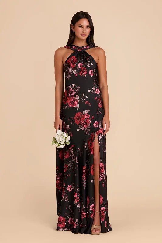 Eileen Matte Satin Dress - Black Fleurs D'Amour