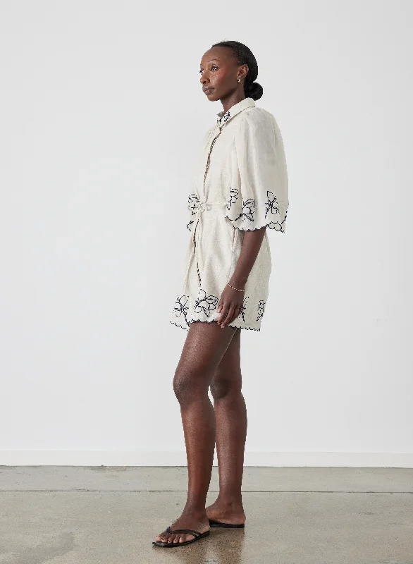 Hattie Linen Ramie Embroidery Mini Smock Shirt Dress | Flax Navy