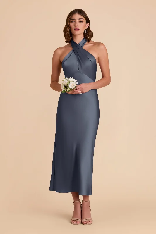 Monique Matte Satin Dress - Dusk Blue