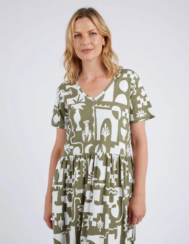 Postcard Tee Dress Khaki & Cream Print