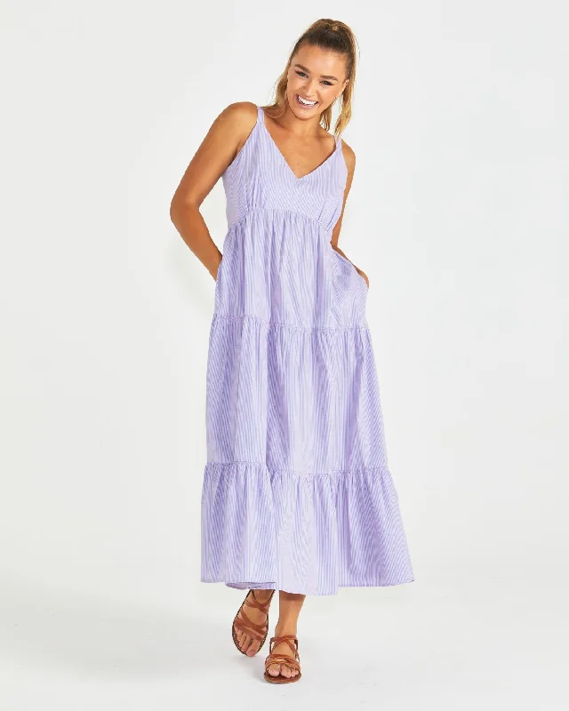 Sass Phillipa Tiered Maxi Dress Blue Pink Stripe