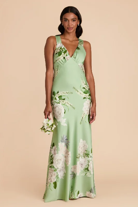 Veronica Matte Satin Dress - Pistachio Garden Bloom