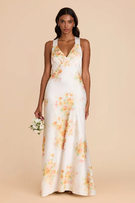 Veronica Matte Satin Dress - White Blurred Floral