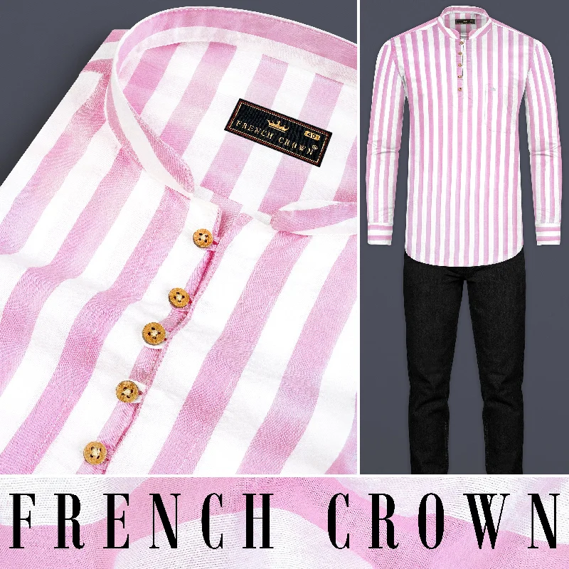 Bright White and Cherub Pink Striped Premium Cotton Kurta Shirt